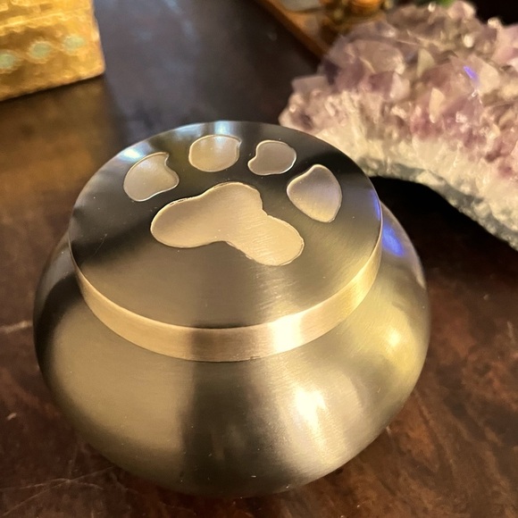 Solid brass, olive green, paw print, small pet urn. Up to 40 in.³. - Picture 3 of 9